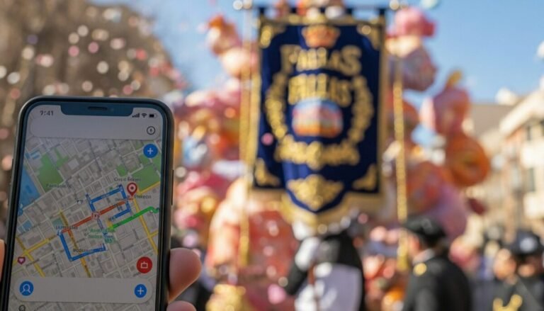 Recreación digital del mapa de la App Ofrenda y desfile festivo en fondo