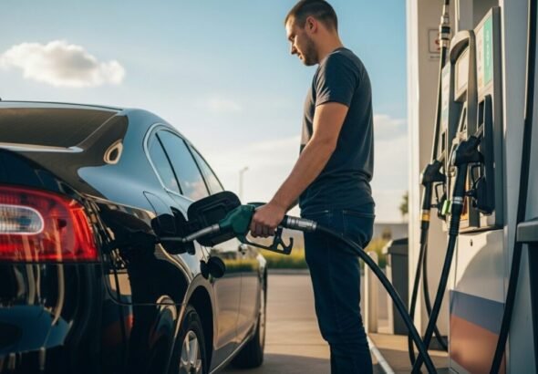 Recreación digital de una persona repostando con las nuevas ayudas a la gasolina.