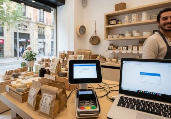 Tienda con productos y tecnología moderna con ayudas al comercio.