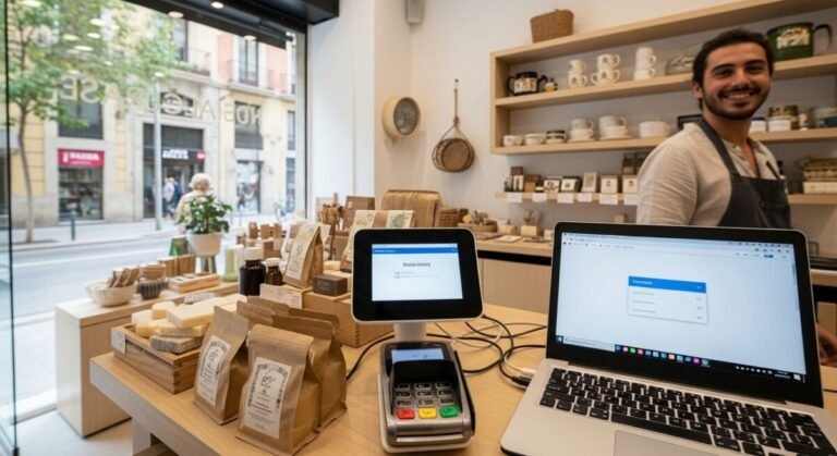 Tienda con productos y tecnología moderna con ayudas al comercio.