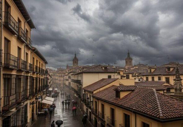 Imagen de un día de tormenta en una ciudad afectada por el tiempo para ilustrar el plazo abierto de las ayudas por daños en Andalucía y Extremadura. Recreación digital.