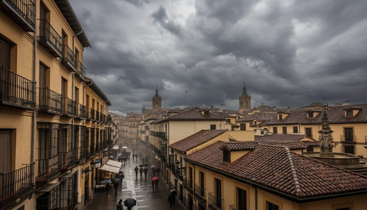 Imagen de un día de tormenta en una ciudad afectada por el tiempo para ilustrar el plazo abierto de las ayudas por daños en Andalucía y Extremadura. Recreación digital.