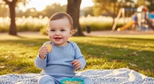 Un bebé merendando en un parque los cereales y galletas Smileat.