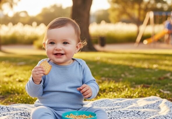 Un bebé merendando en un parque los cereales y galletas Smileat.