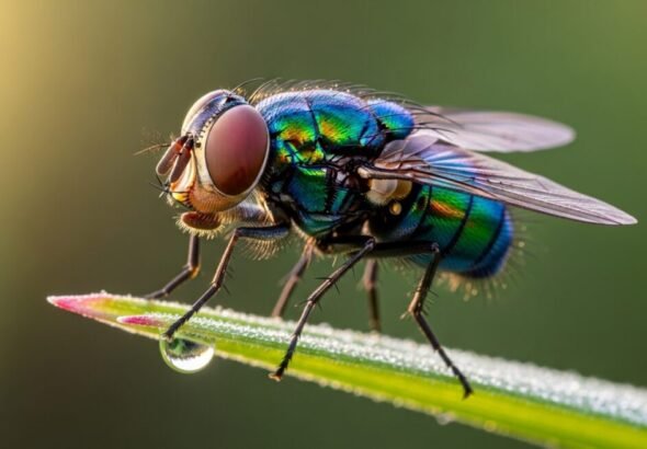 Primer plano de una mosca de la fruta utilizada en investigaciones sobre el cerebro de la mosca.