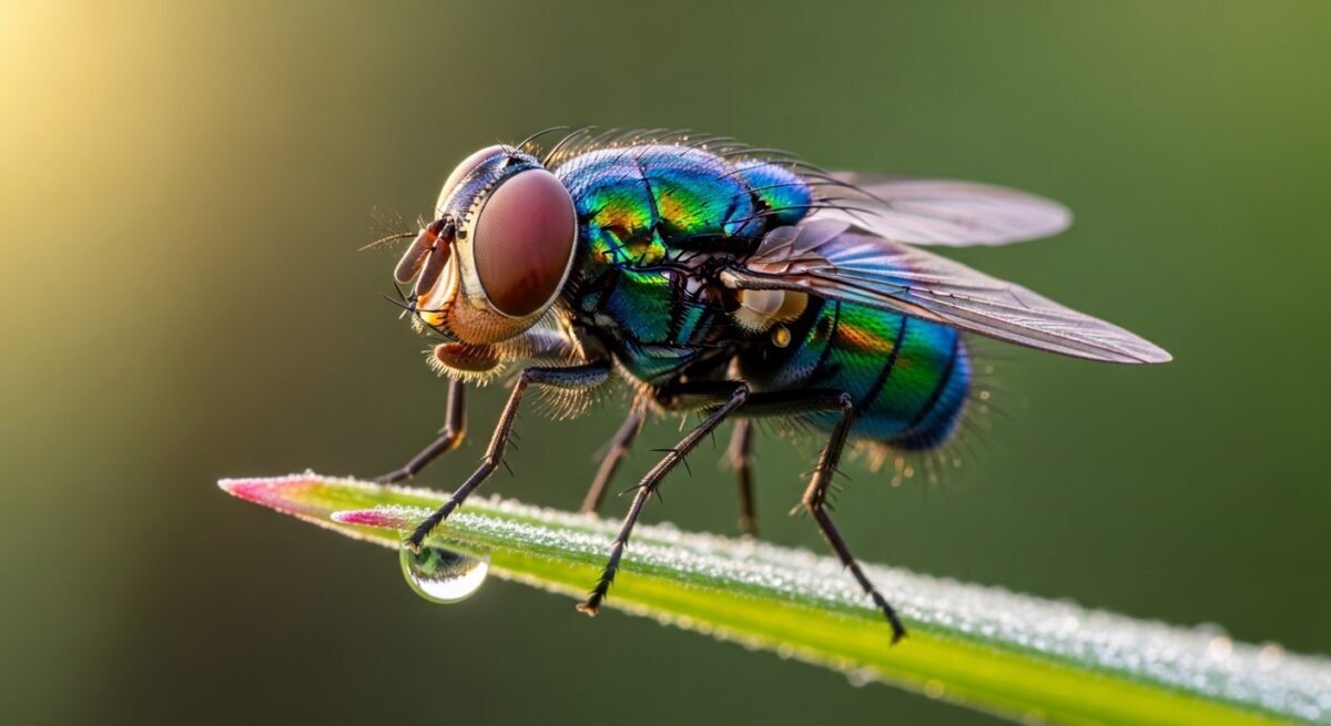Diminutas aliadas: lo que el cerebro de la mosca revela sobre nuestras enfermedades Primer plano de una mosca de la fruta utilizada en investigaciones sobre el cerebro de la mosca.