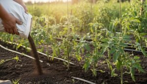 Una persona esta poniendo fertilizante en la huerta.
