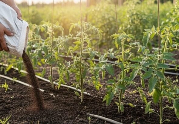Una persona esta poniendo fertilizante en la huerta.
