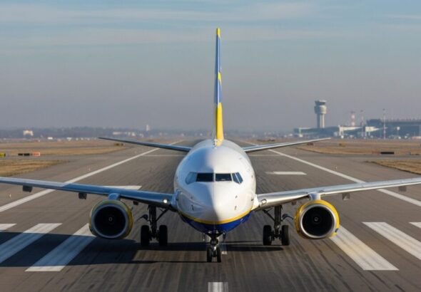 Recreación digital de un avión de Vueling en una pista de despegue.