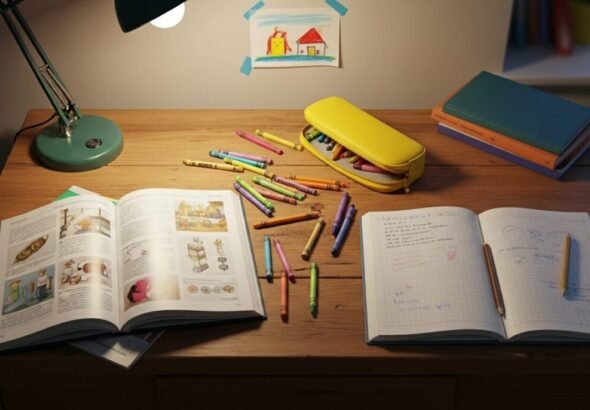 Imagen que muestra un escritorio de un alumno sobre los deberes en primaria.