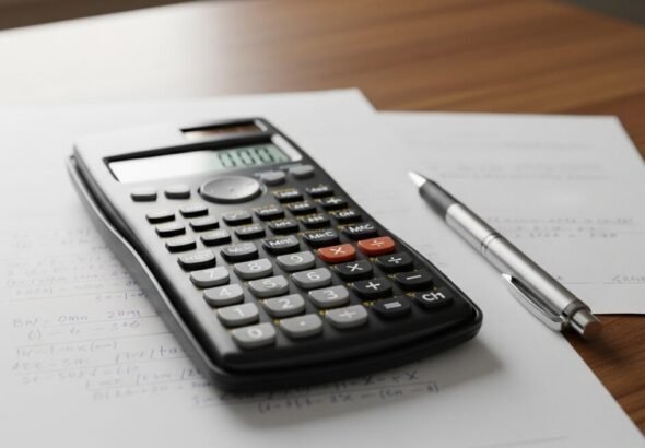 Calculadora y documentos sobre una mesa representando la presentación de la declaración de la Renta 2025.