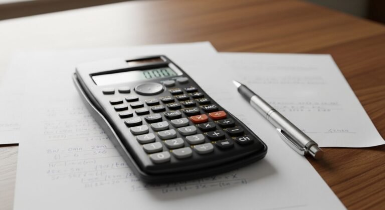 Calculadora y documentos sobre una mesa representando la presentación de la declaración de la Renta 2025.