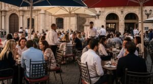 Terraza de un bar en la plaza de la Virgen de Valencia sobre el empleo turístico en la Comunitat Valenciana.