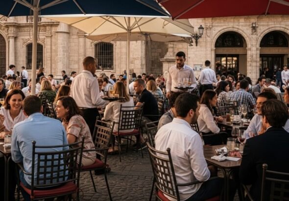 Terraza de un bar en la plaza de la Virgen de Valencia sobre el empleo turístico en la Comunitat Valenciana.
