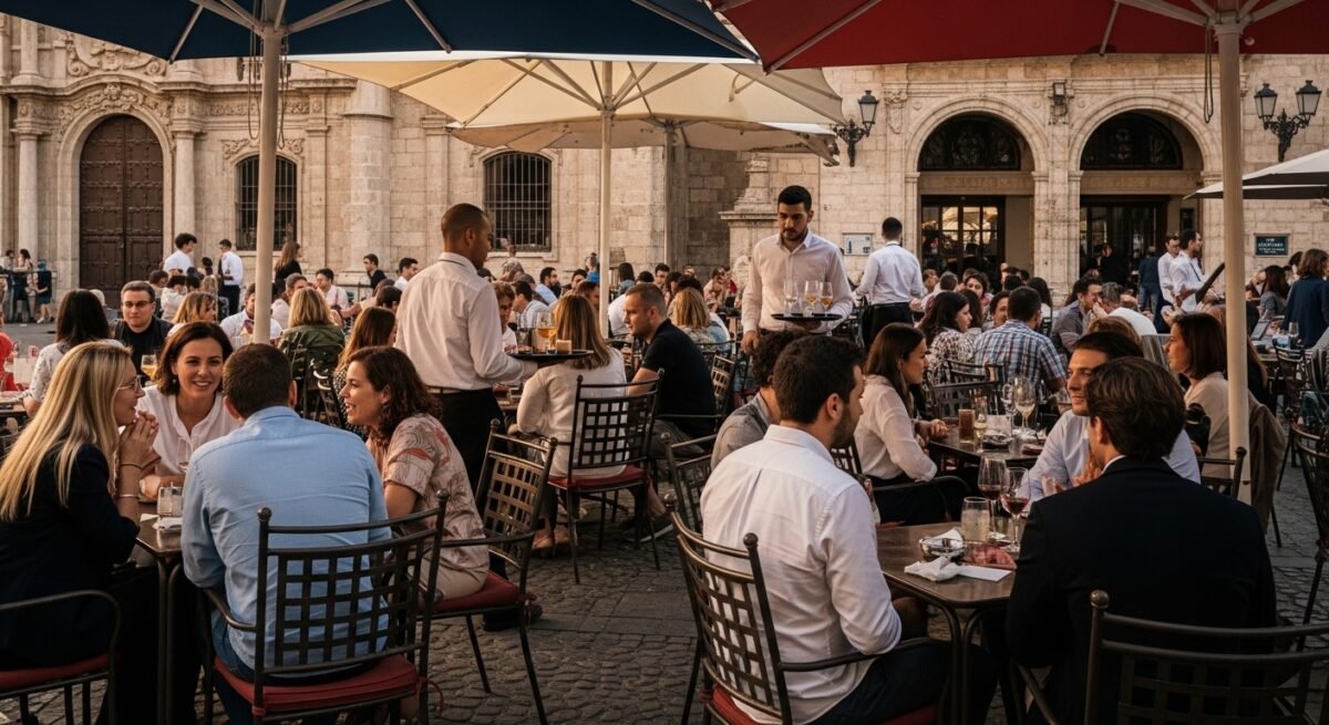 Terraza de un bar en la plaza de la Virgen de Valencia sobre el empleo turístico en la Comunitat Valenciana.