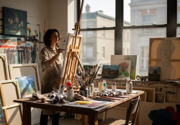 Imagen de un artista pintando sobre la colaboración internacional bajo el programa Europa Creativa.