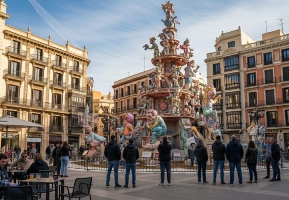 Falla plantada en una plaza de Valencia durante las Fallas, imagen representativa de la guía Fallas 2026 y del calendario de actos festivos en la ciudad.