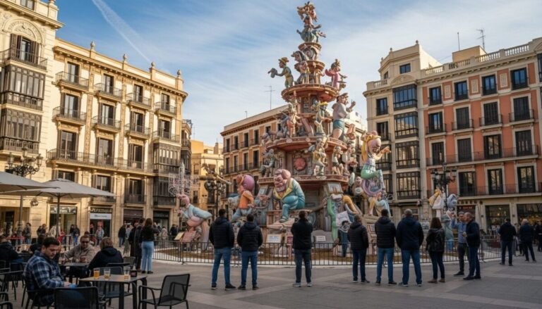 Falla plantada en una plaza de Valencia durante las Fallas, imagen representativa de la guía Fallas 2026 y del calendario de actos festivos en la ciudad.