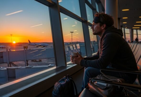Persona en un aeropuerto gestionando los efectos de el jet lag tras un viaje largo.