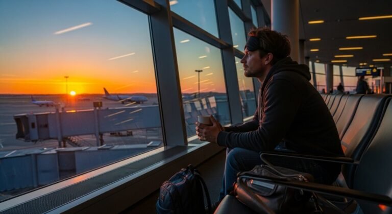 Persona en un aeropuerto gestionando los efectos de el jet lag tras un viaje largo.