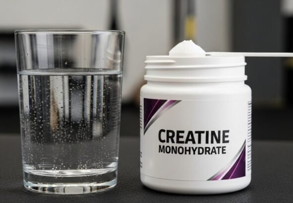 Bote de polvo de la creatina con cuchara medidora sobre una mesa.