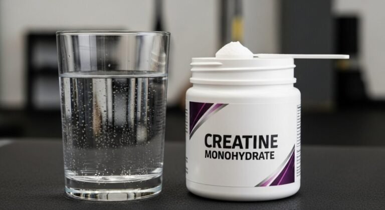 Bote de polvo de la creatina con cuchara medidora sobre una mesa.