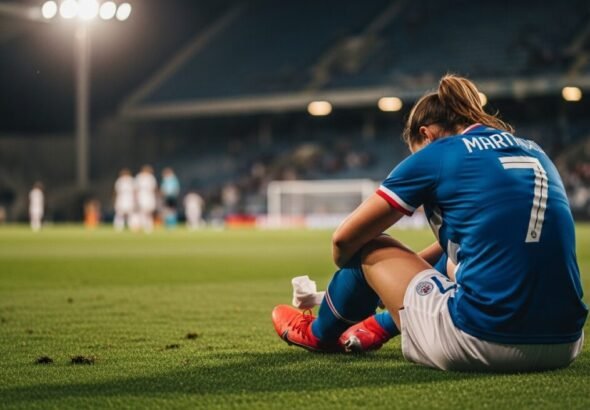 Jugadora de fútbol sentada en el campo lesionada con menstruación