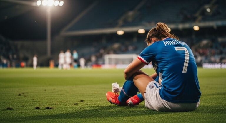 Jugadora de fútbol sentada en el campo lesionada con menstruación