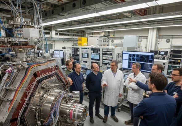 Recreación digital de científicos investigando en el CERN.