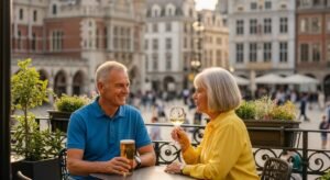 Recreación de una pareja de personas mayores tomando algo en un bar sobre la pérdida de memoria y su relación con el intestino.