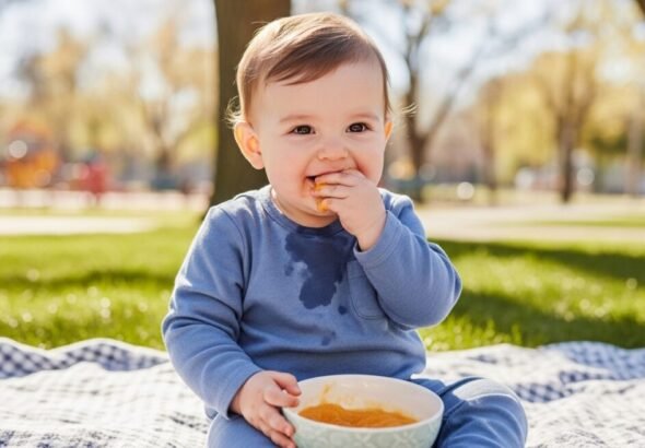 Bebé merendando fruta triturada Smileat en un cuenco durante una tarde en el parque