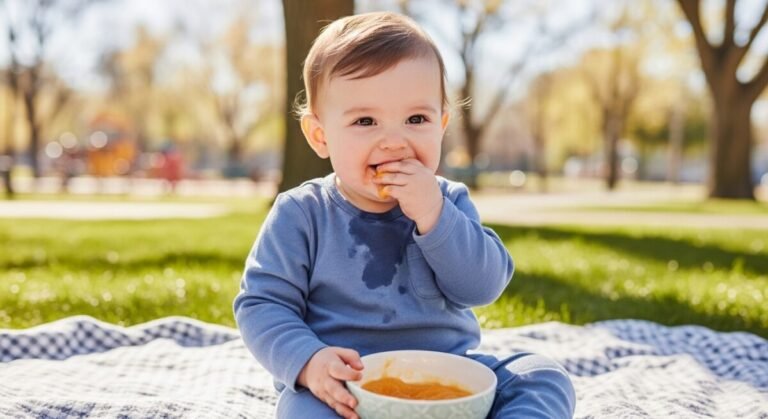 Bebé merendando fruta triturada Smileat en un cuenco durante una tarde en el parque