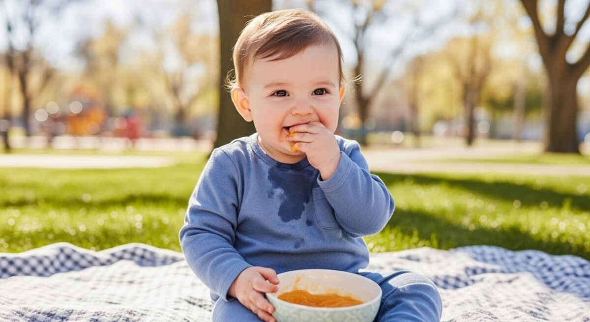 Potitos dulces Smileat: las opciones ecológicas de fruta que triunfan Bebé merendando fruta triturada Smileat en un cuenco durante una tarde en el parque