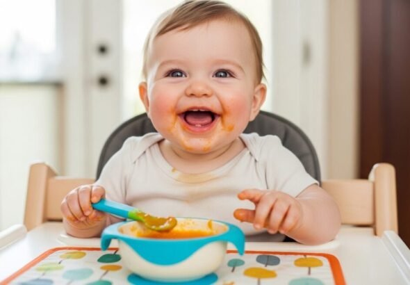 Bebé feliz comiendo potitos Smileat en su trona durante la hora de la comida