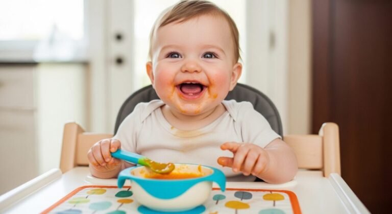 Bebé feliz comiendo potitos Smileat en su trona durante la hora de la comida