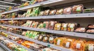 estantería de un supermercado con productos envueltos con plásticos que contienen químicos.