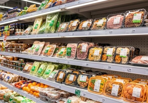 estantería de un supermercado con productos envueltos con plásticos que contienen químicos.