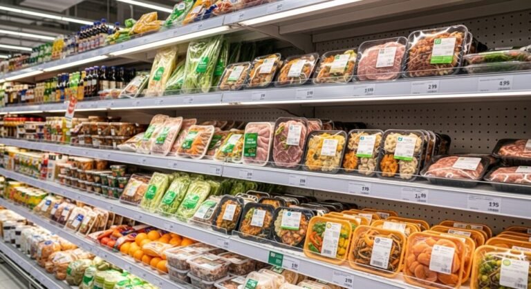 estantería de un supermercado con productos envueltos con plásticos que contienen químicos.