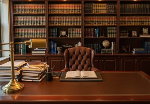 Vista de un despacho de un abogado con la mesa de madera, documentos encima de la mesa, y una gran estanteria con libros.