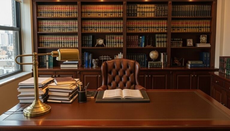 Vista de un despacho de un abogado con la mesa de madera, documentos encima de la mesa, y una gran estanteria con libros.