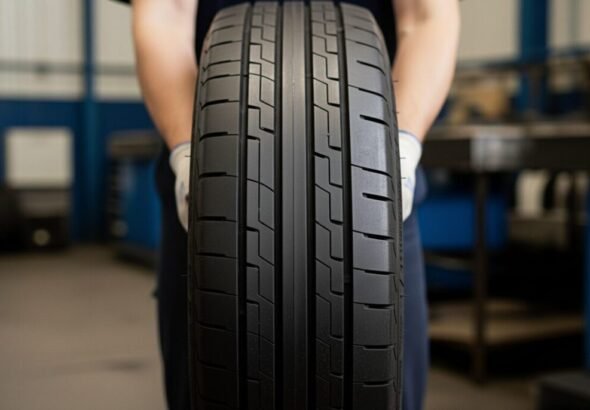 Recreación digital de un primer plano de una rueda nueva para coche de Bridgestone.