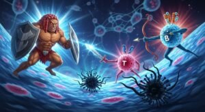 Ilustración de células T y células NK del sistema inmunitario atacando células tumorales.