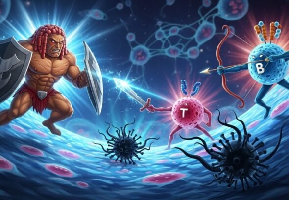 Ilustración de células T y células NK del sistema inmunitario atacando células tumorales.