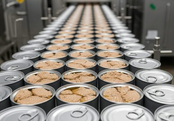 Una línea de producción de conservas de pescado y latas en primer plano.