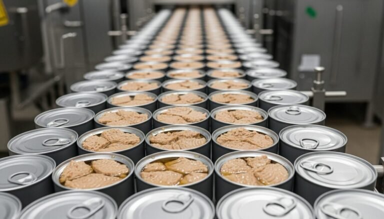 Una línea de producción de conservas de pescado y latas en primer plano.