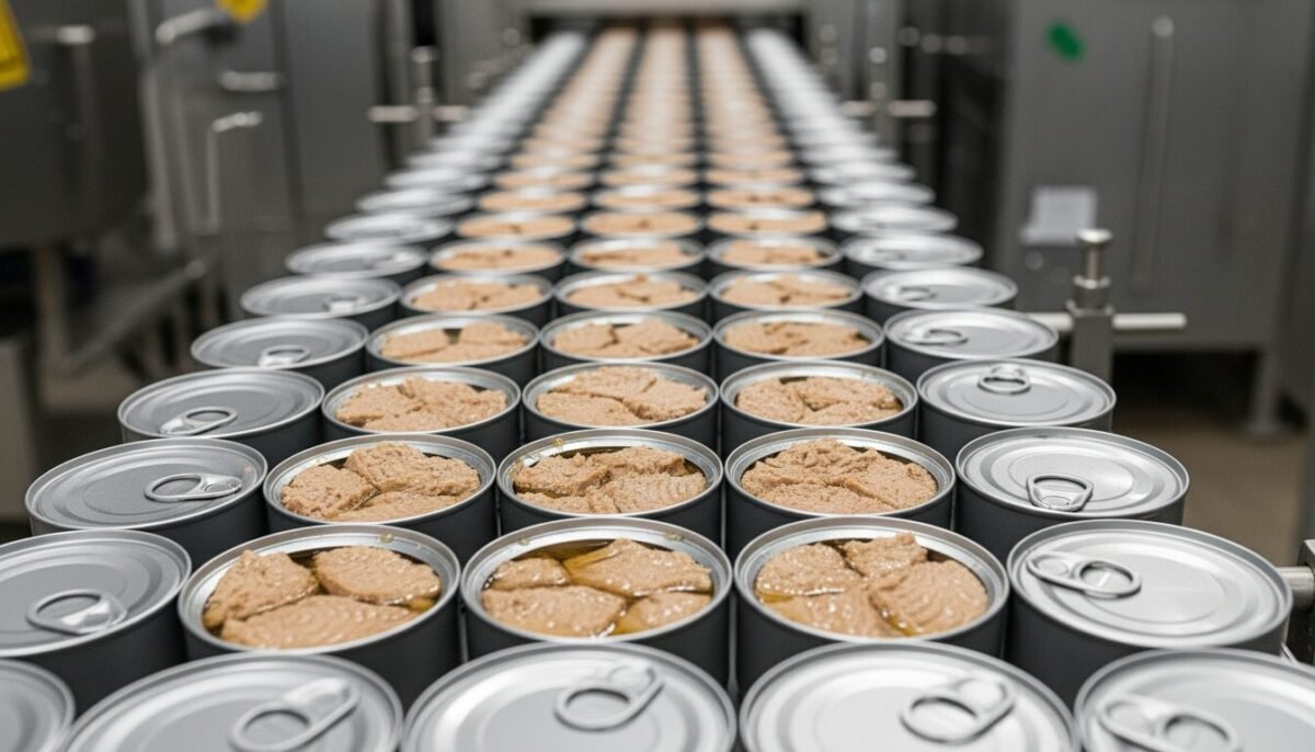 Una línea de producción de conservas de pescado y latas en primer plano.