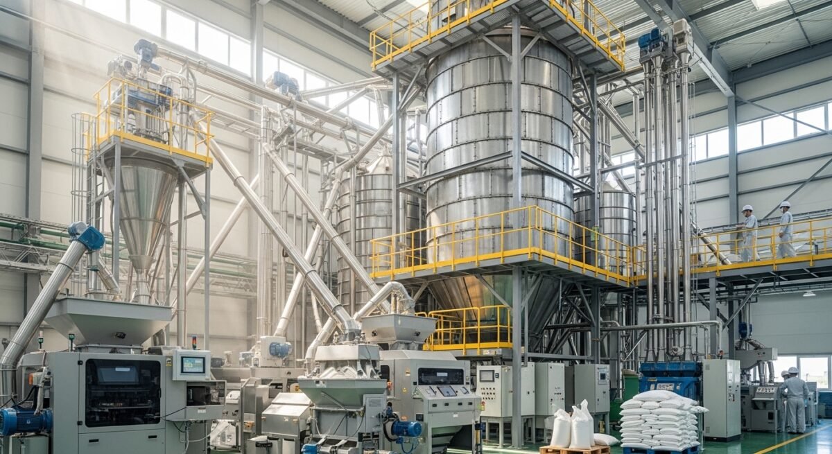 El sector del arroz aplica una subida salarial del 4% para 2026 Maquinaria industrial de procesado representando las tablas salariales provisionales sector del arroz.