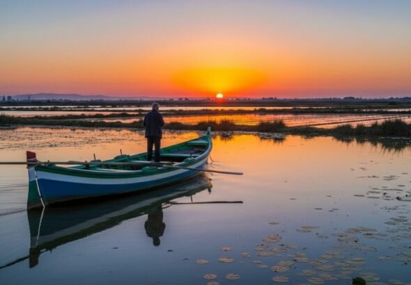 Pescador al atardecer en barco, sobre el turismo senior. Recurso artístico digital.