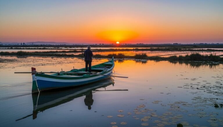 Pescador al atardecer en barco, sobre el turismo senior. Recurso artístico digital.