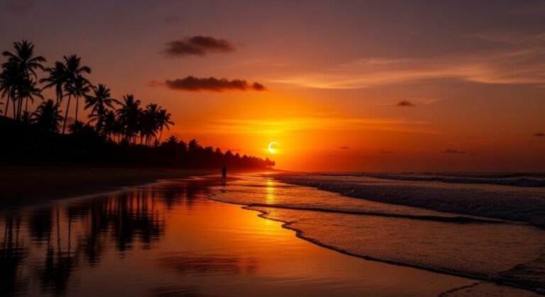 Recreación digital de un eclipse total visto desde una playa en el horizonte por el trío de eclipses.